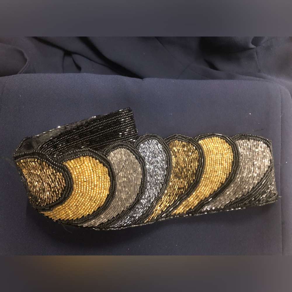 Vintage Beaded Art Deco Metallic Trim on Navy Fabric